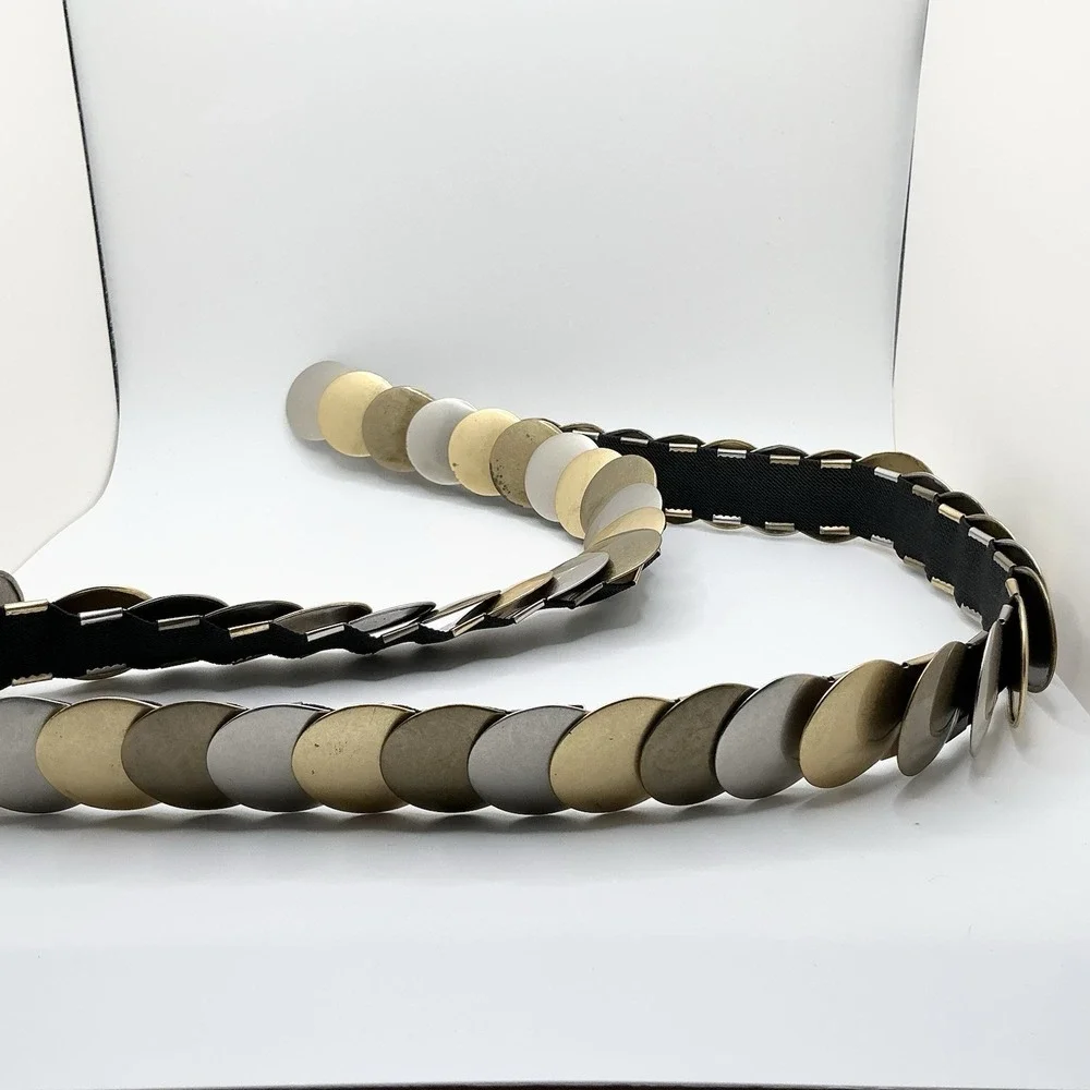 Tricolor Gold Silver Medallion Metal Coin Stretch Belt 70s 80s Glam Disco Large